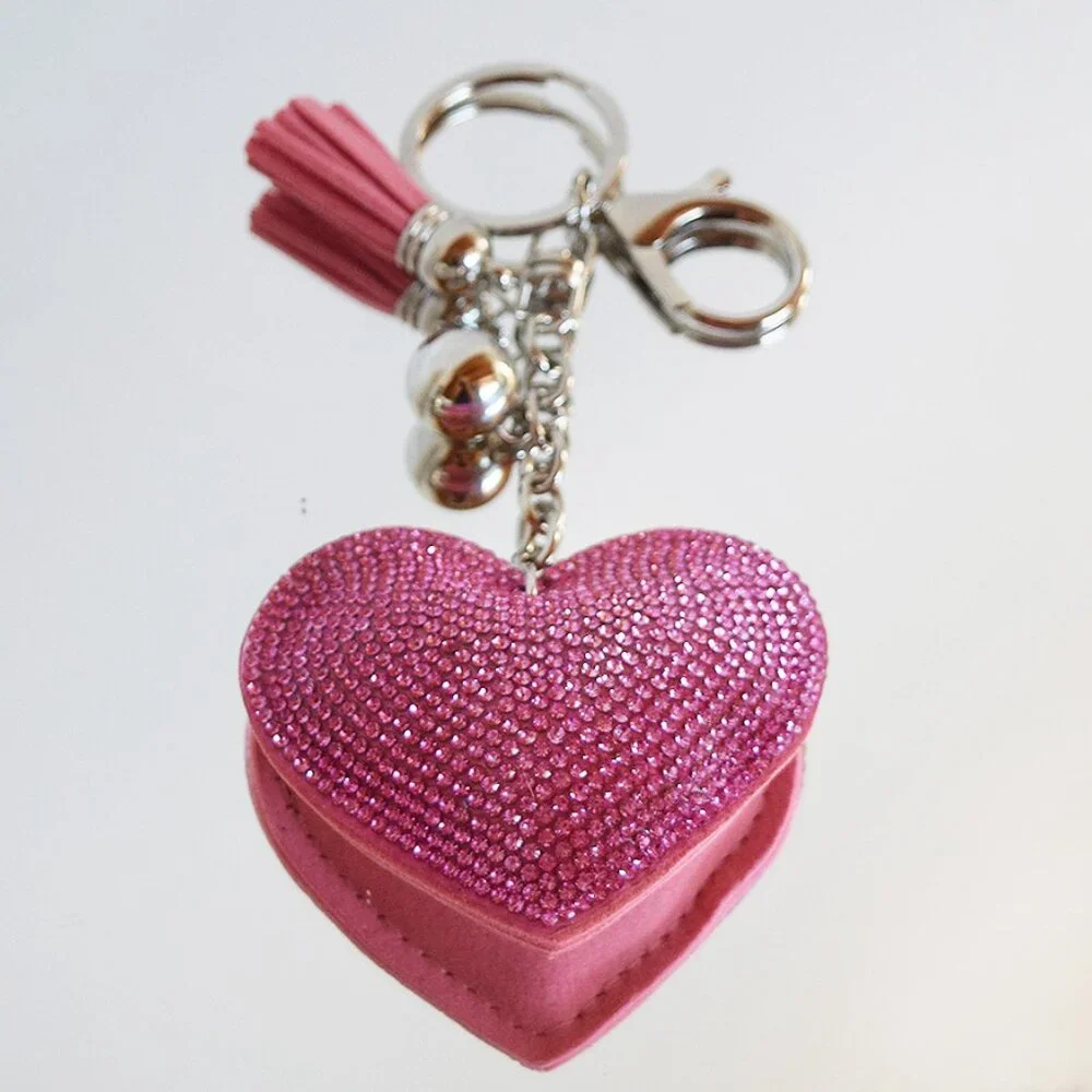 Puffy Heart Charm / Keychain with Rhinestones and Long Tassel